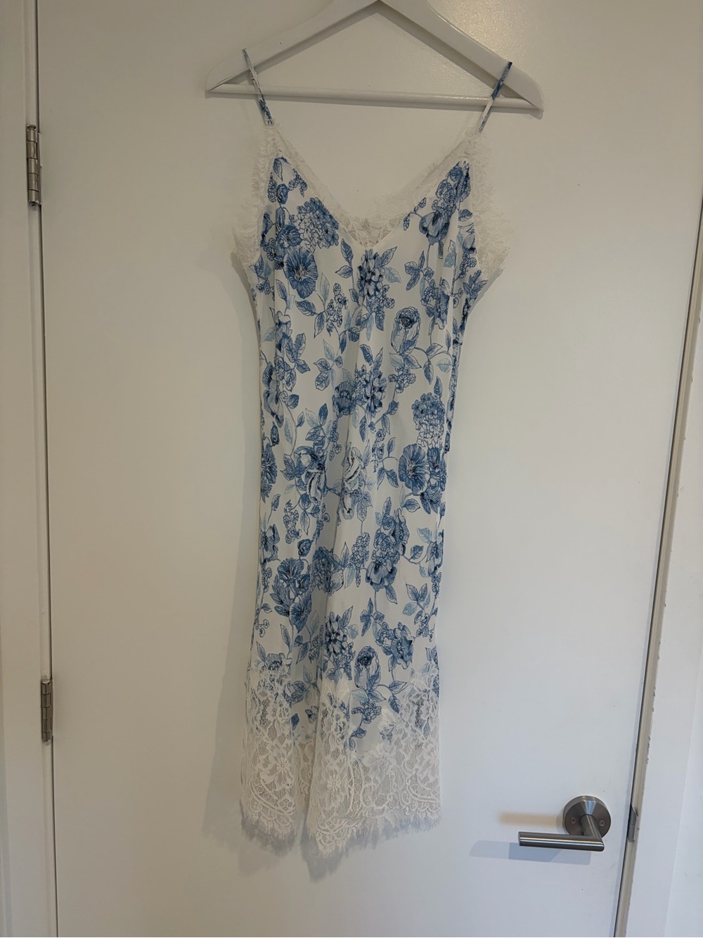 White & Blue Floral Lace Trim Slip Dress